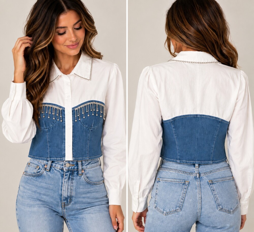 White & Denim Rhinestone Corset Top $198